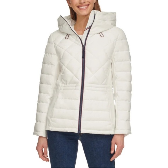 NEW Tommy Hilfiger White Quilted Puffer Zip-Up Hooded Jacket With Pockets, Large - Picture 1 of 16